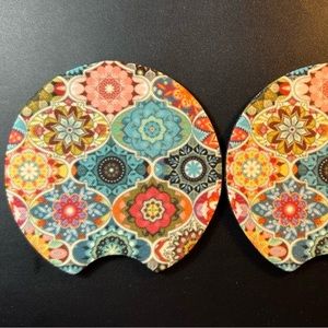 Floral Multicolored Car Cup Holder Coasters Set Of 2 New